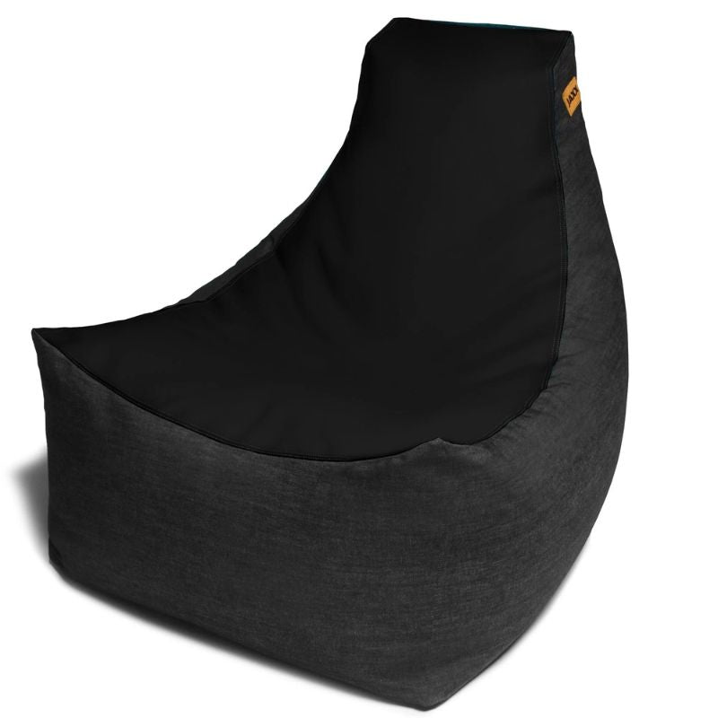 Jaxx Pixel gaming bean bag chair in yellow vinyl and black denim, a classroom and library seating option for kids