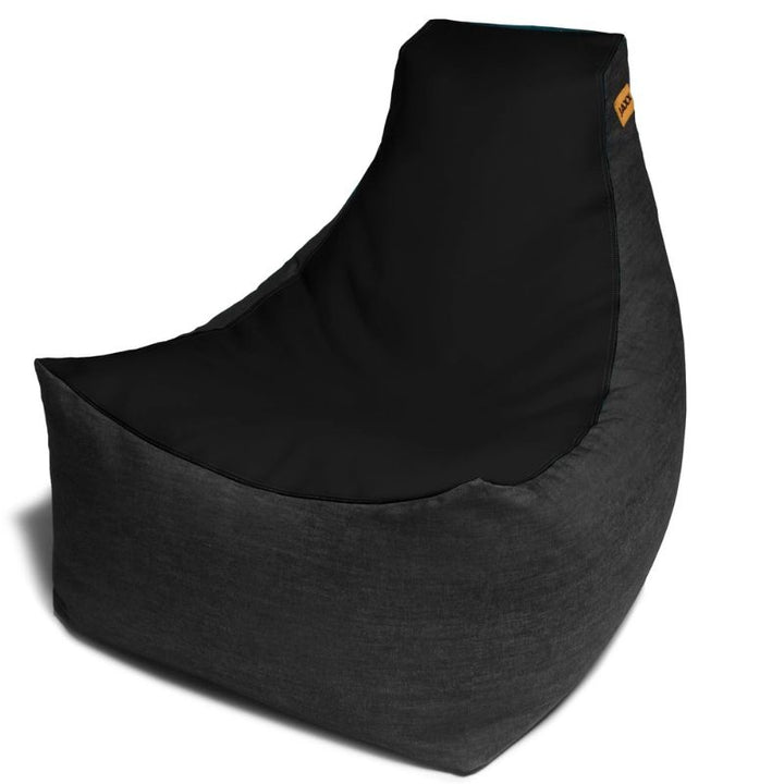 Jaxx Pixel gaming bean bag chair in yellow vinyl and black denim, a classroom and library seating option for kids