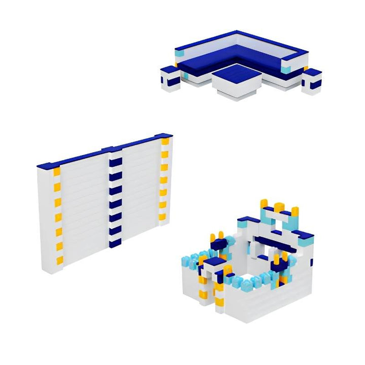 Three build options possible with the EverBlock Large Starter Kit: a corner furniture set, a modular wall and a small fort, all made from the same 500 giant building blocks