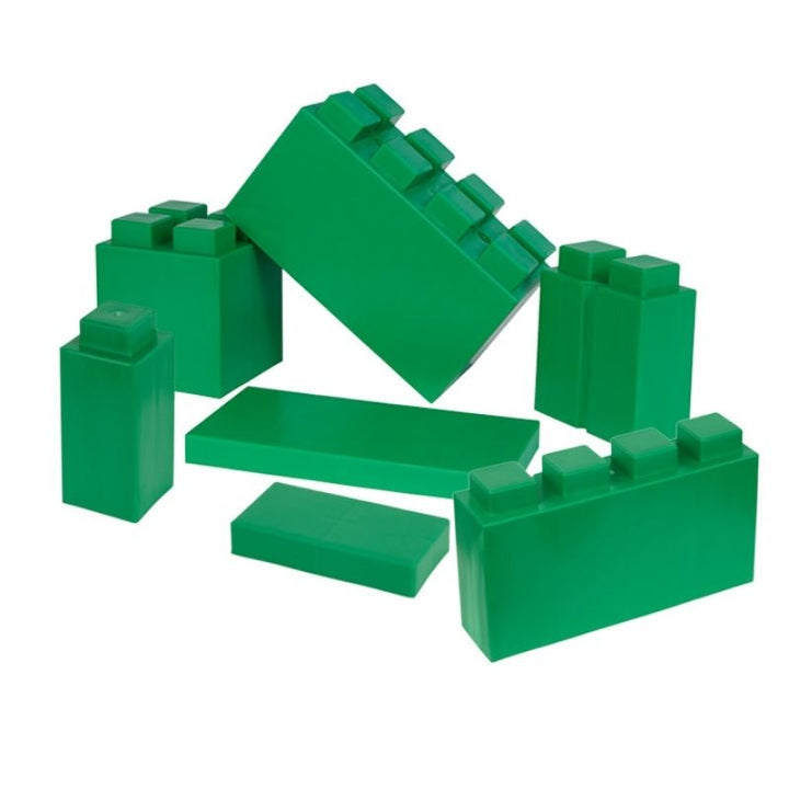 The full assortment of shapes in the EverBlock Kids Blocks Play Pack shown in green, a single-colour option for these giant building blocks