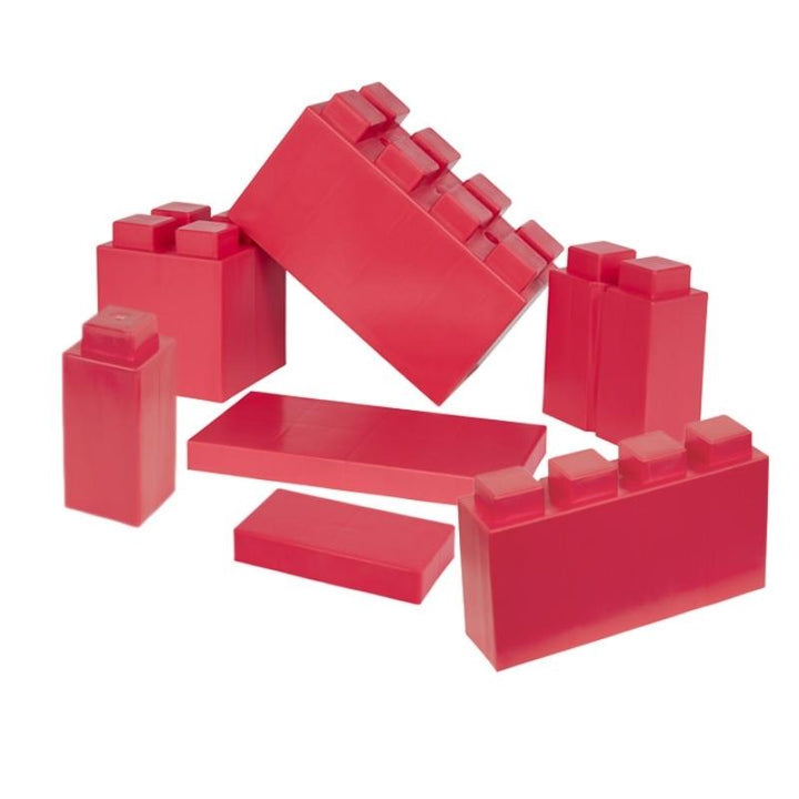 The full assortment of shapes in the EverBlock Kids Blocks Play Pack shown in red, a single-colour option for these giant building blocks