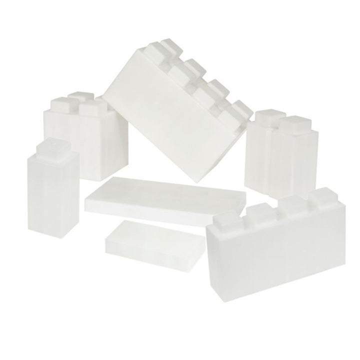 The full assortment of shapes in the EverBlock Kids Blocks Play Pack shown in translucent plastic, a single-colour option for these giant building blocks