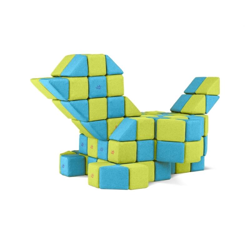 Bird figure built from JollyHeap Joy giant magnetic building blocks in blue and lime green, demonstrating open ended construction play