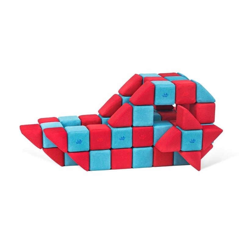 Boat shaped structure built from JollyHeap Joy giant magnetic building blocks in red and blue for imaginative group play