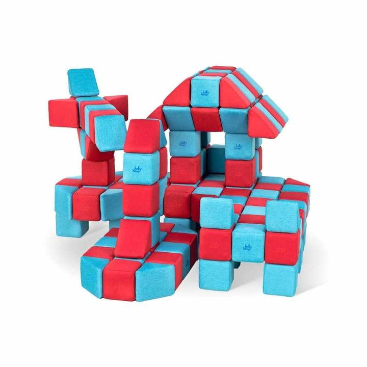 Second angle of a castle style structure built from JollyHeap Joy giant magnetic building blocks in blue and red