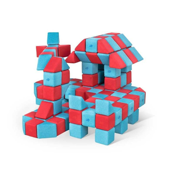 Elaborate castle style structure with turrets built from JollyHeap Joy giant magnetic building blocks in blue and red