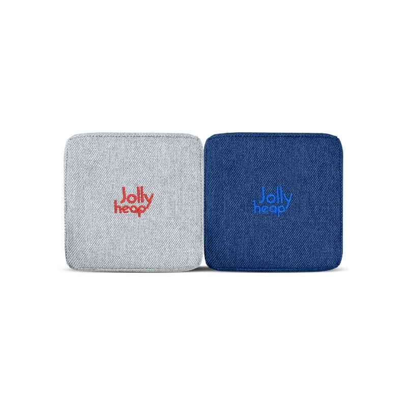Fabric texture close-up of light grey and blue JollyHeap Joy giant magnetic building blocks showing the soft woven exterior and embroidered logo