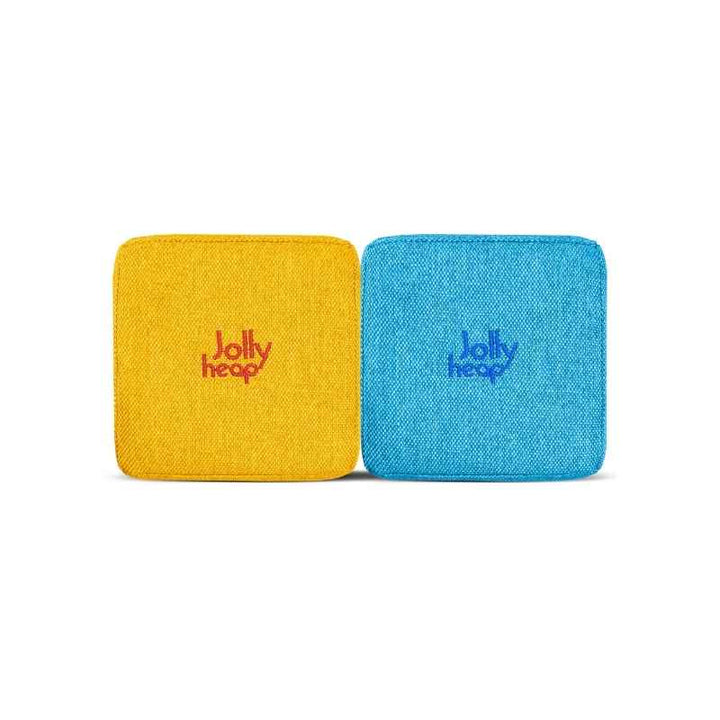 Fabric texture close-up of yellow and turquoise JollyHeap Joy giant magnetic building blocks showing the soft woven exterior and embroidered logo