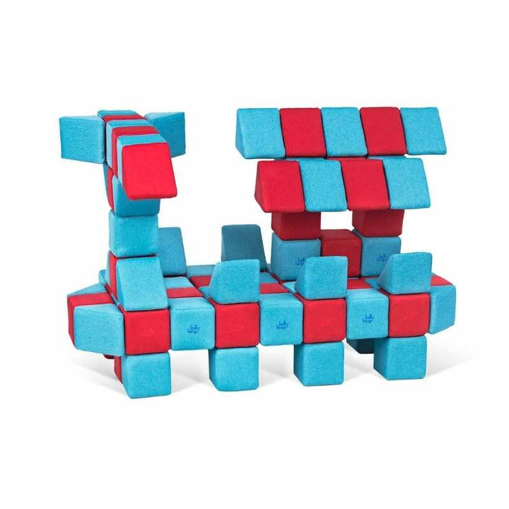 Horse shaped figure and small arch built from JollyHeap Joy giant magnetic building blocks in blue and red, showing the embroidered JollyHeap logo on the blocks