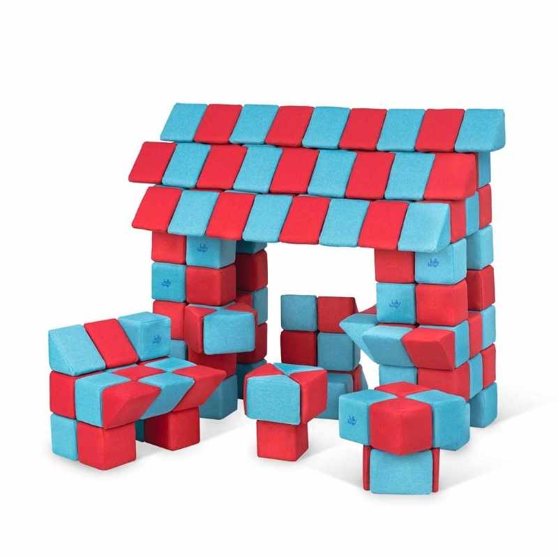 House with an arched roof and small furniture pieces built from JollyHeap Joy giant magnetic building blocks in red and blue