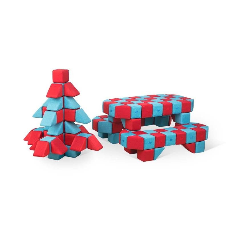 Tree and picnic table built from JollyHeap Joy giant magnetic building blocks in red and light blue, showing furniture style builds for group play