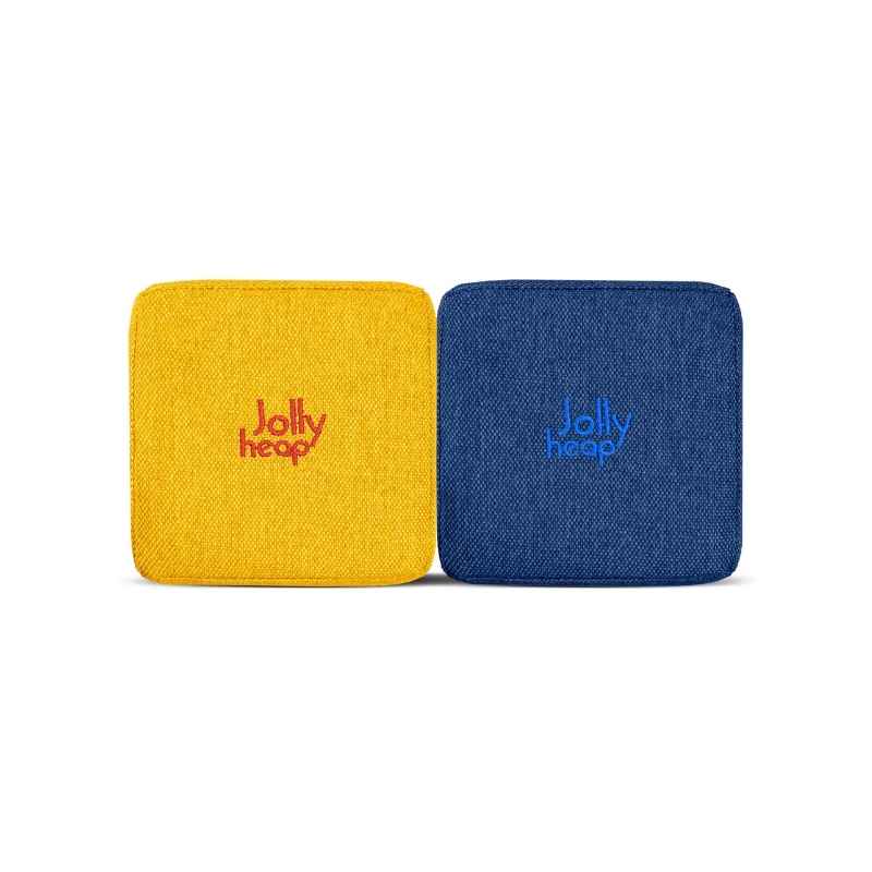 Yellow and blue fabric colour swatch for JollyHeap giant magnetic building blocks