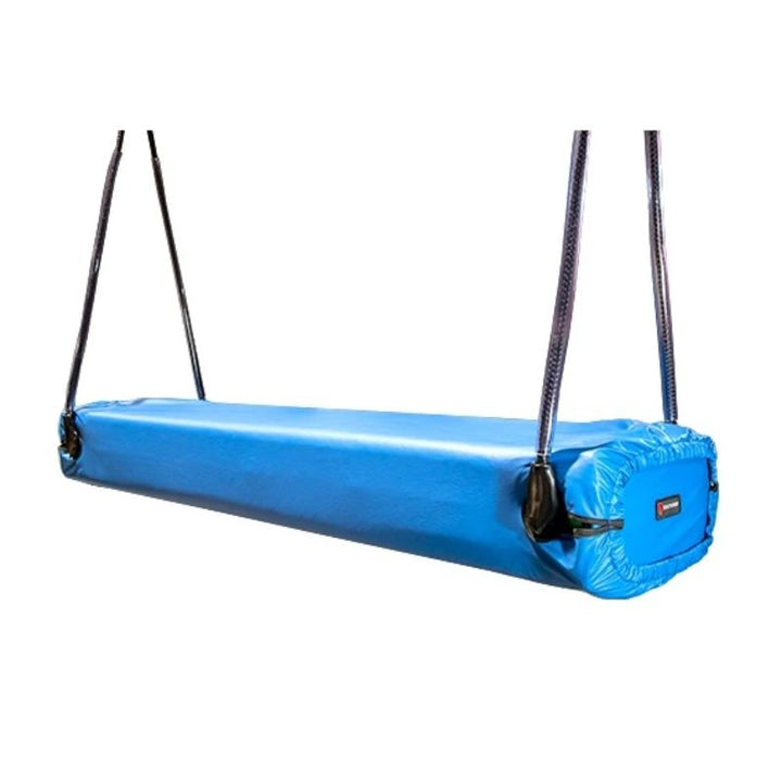 Southpaw Glider Bolster Swing fitted with its removable blue vinyl cover, a padded sensory swing that's easy to clean in clinics and homes