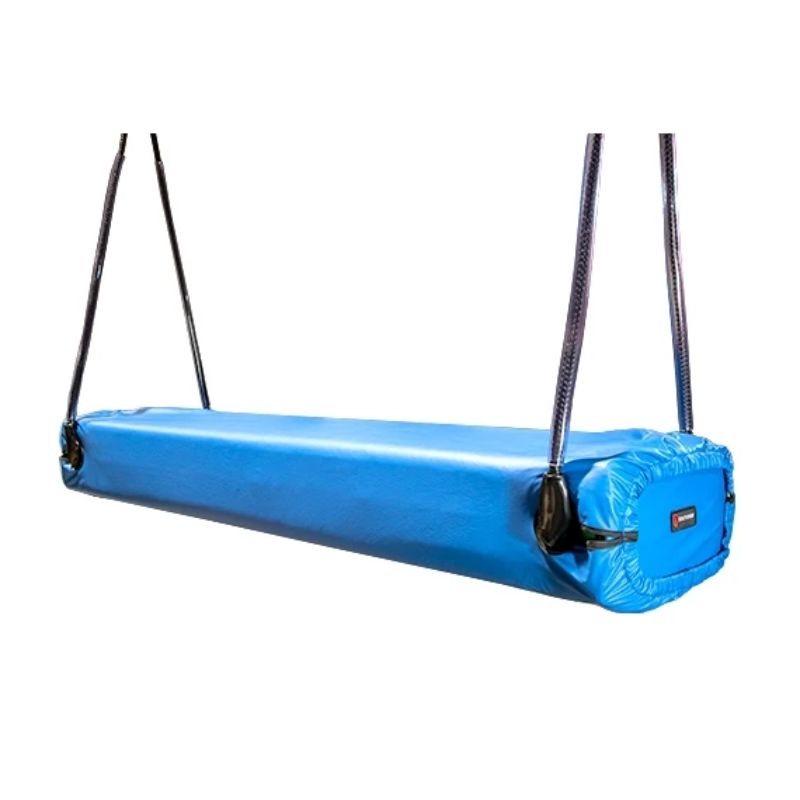 Southpaw Glider Bolster Swing fitted with its removable blue vinyl cover, a padded sensory swing that's easy to clean in clinics and homes