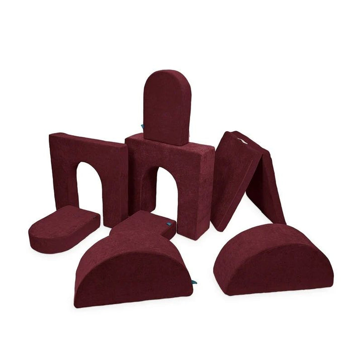 Go Coconut Architect Bundle in Cranberry Rain showing the full 8-piece CertiPUR foam modular play couch with thick wall, thin wall, 3 doors, 2 half-moons, and thin base, 100% made in Canada