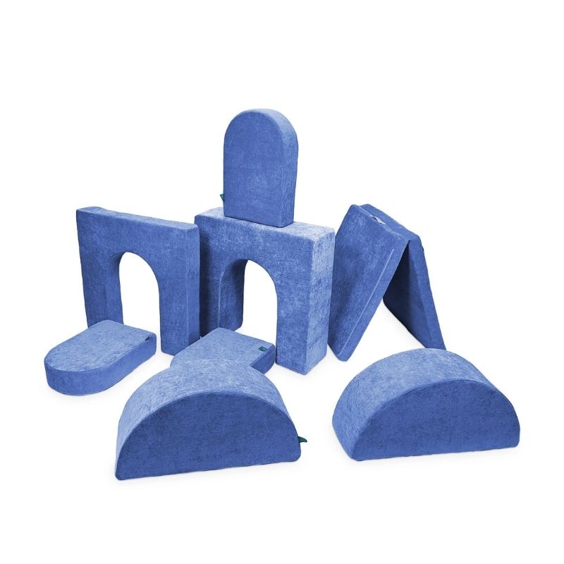 Go Coconut Architect Bundle in Moon Melon showing the 8-piece modular foam play couch with half-moon rocker pieces and Durable Micro Velveteen covers made 100% in Canada with lifetime warranty