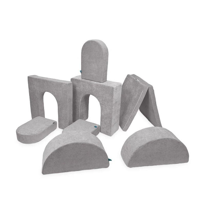 Go Coconut Architect Bundle in Rhino Tango showing the modular CertiPUR foam play couch with five distinct shape types including exclusive half-moon pieces for Go Coconut's most versatile bundle