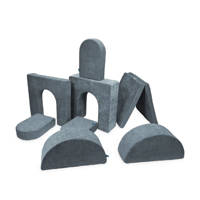 Go Coconut Architect Bundle in River Stone showing the 8-piece CertiPUR foam modular play couch with exclusive half-moon pieces and the full five shape types available in Go Coconut's largest bundle