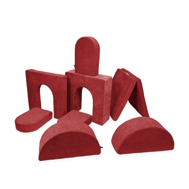 Go Coconut Architect Bundle in Terracotta Twirl showing the 8-piece modular foam play couch set with exclusive half-moon pieces and machine-washable Durable Micro Velveteen covers made in Canada