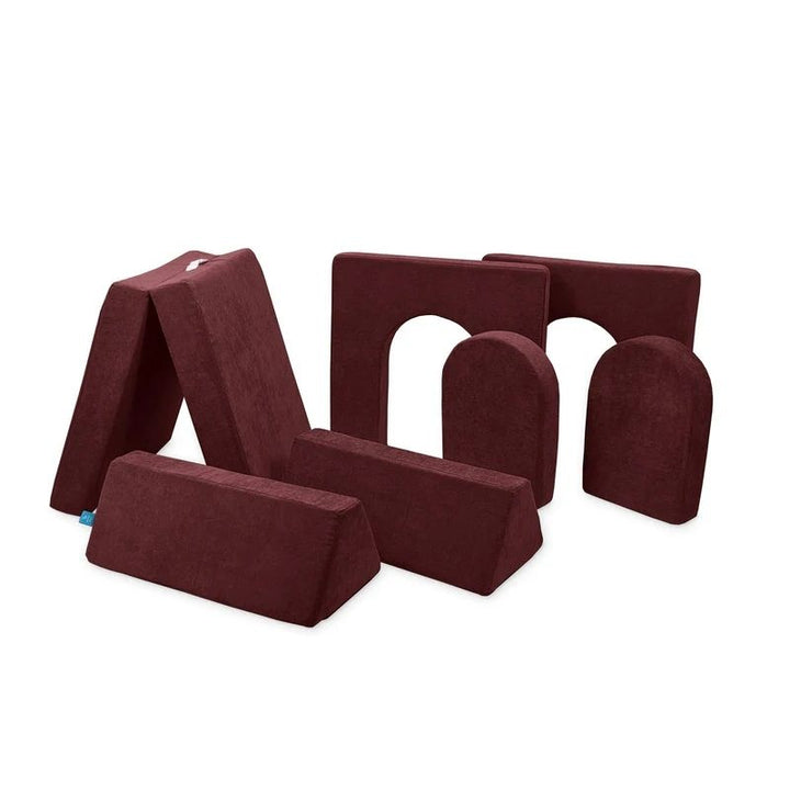 Go Coconut Builder Bundle in Cranberry Rain showing the 7-piece CertiPUR foam play couch with 2 beams, 1 base, 2 thin walls, and 2 doors for imaginative fort and enclosed space play configurations
