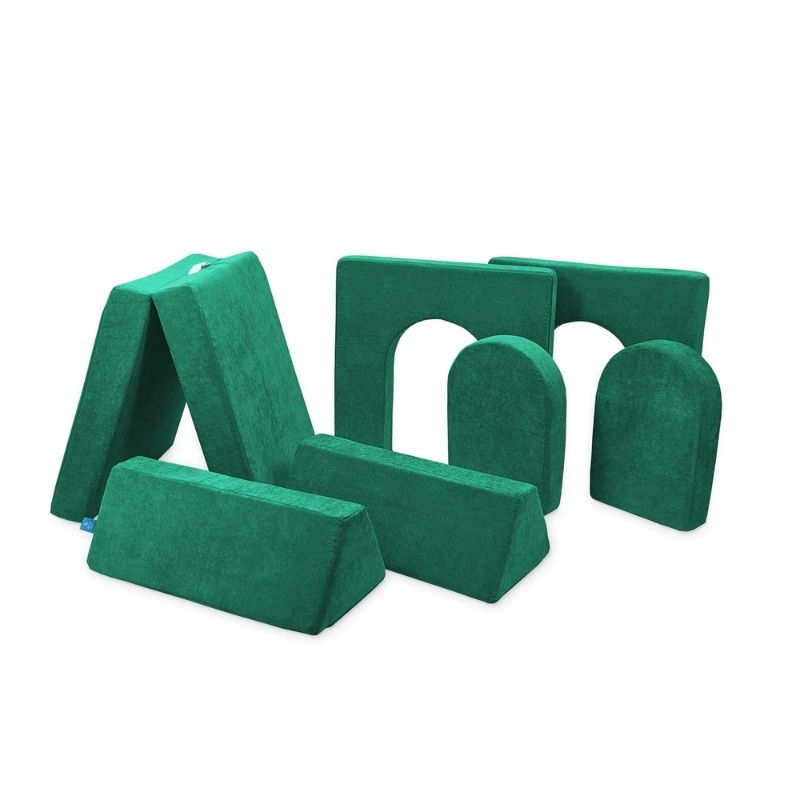 Go Coconut Builder Bundle in Forest Fern showing the full 7-piece modular CertiPUR-US certified foam play couch with 5in walls and 2 doors for fort, castle, and store building configurations