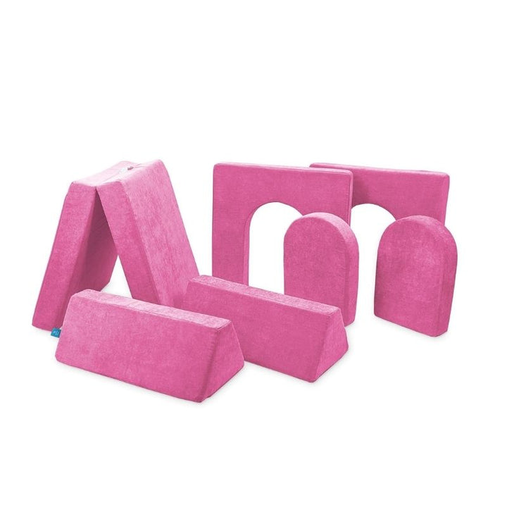 Go Coconut Builder Bundle in Pitaya Punch showing the modular foam fort building play couch in 7 pieces with machine-washable Durable Micro Velveteen covers, 100% made in Canada