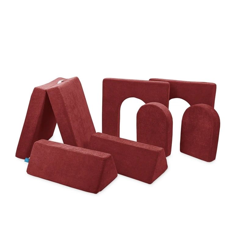 Go Coconut Builder Bundle in Red showing the modular foam fort building play couch in 7 pieces with machine-washable Durable Micro Velveteen covers and fire-retardant CertiPUR foam made in Canada