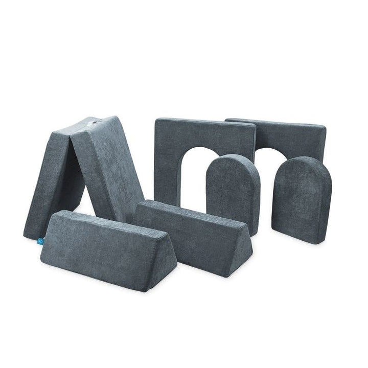 Go Coconut Builder Bundle in River Stone showing the full 7-piece CertiPUR-US certified foam play couch set with 2 beams, 1 base, 2 thin walls, and 2 doors for imaginative fort building and creative play