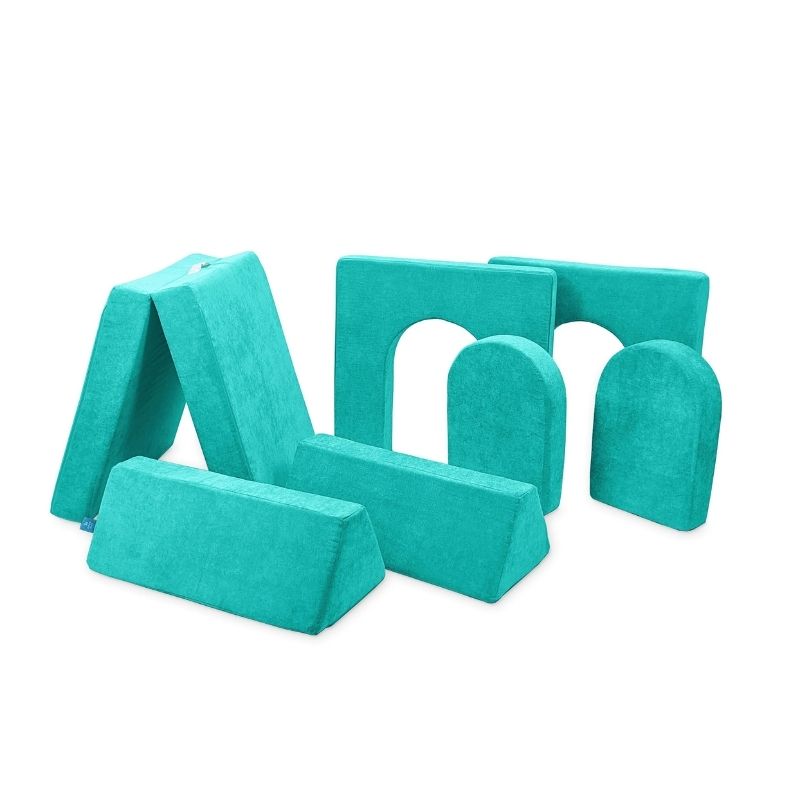 Go Coconut Builder Bundle in Tropical Teal showing the full 7-piece modular foam fort building play couch with Durable Micro Velveteen covers and CertiPUR-US certified foam made in Canada