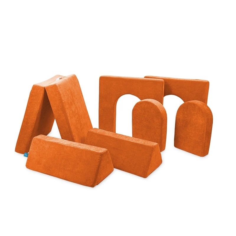 Go Coconut Builder Bundle in Twisty Tangerine showing the full 7-piece modular foam play couch set with 5in walls and doors for fort and castle building play, 100% Canadian made with lifetime warranty