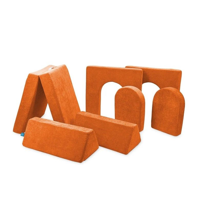 Go Coconut Builder Bundle in Twisty Tangerine showing the full 7-piece modular foam play couch set with 5in walls and doors for fort and castle building play, 100% Canadian made with lifetime warranty