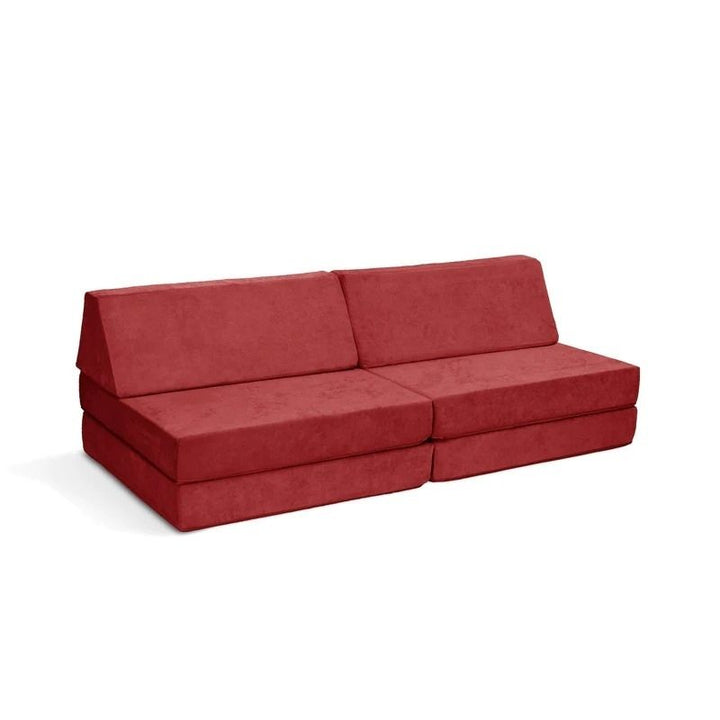 Go Coconut - The Coconut play couch in Brick Red showing the full modular foam construction with removable Durable Micro Velveteen cover, 100% made in Canada with lifetime warranty