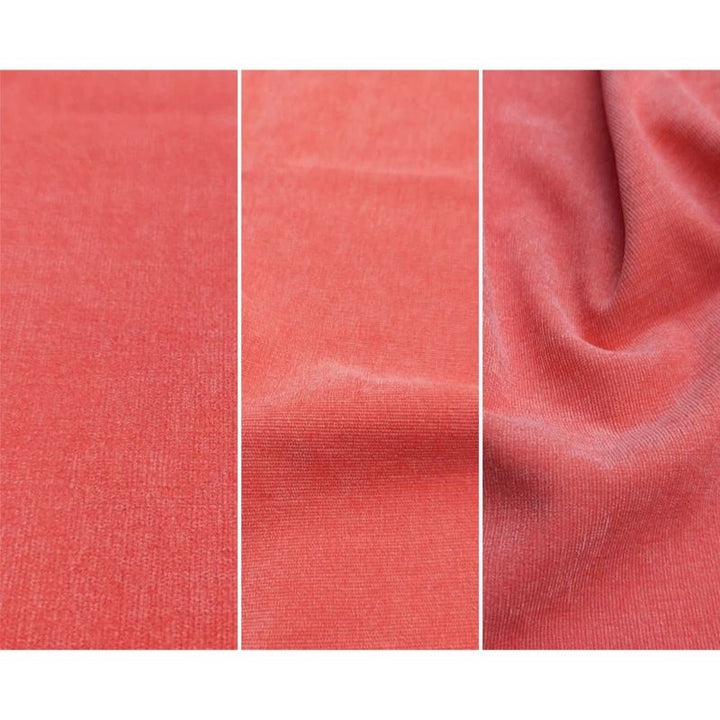 Close-up of Go Coconut - The Coconut in Coral Crush showing the Durable Micro Velveteen micro-brushed fabric texture and machine-washable removable cover construction of the 100% Canadian-made play couch