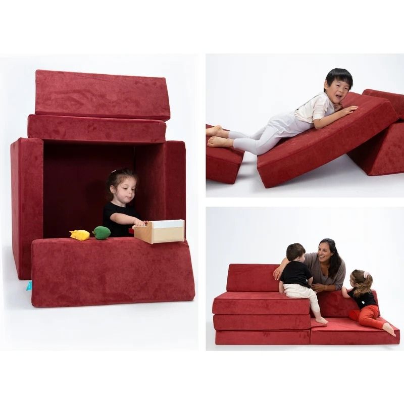 Mother and children actively playing on Go Coconut - The Coconut in Brick Red demonstrating the Montessori-inspired open-ended foam configurations of the Canadian-made modular play couch