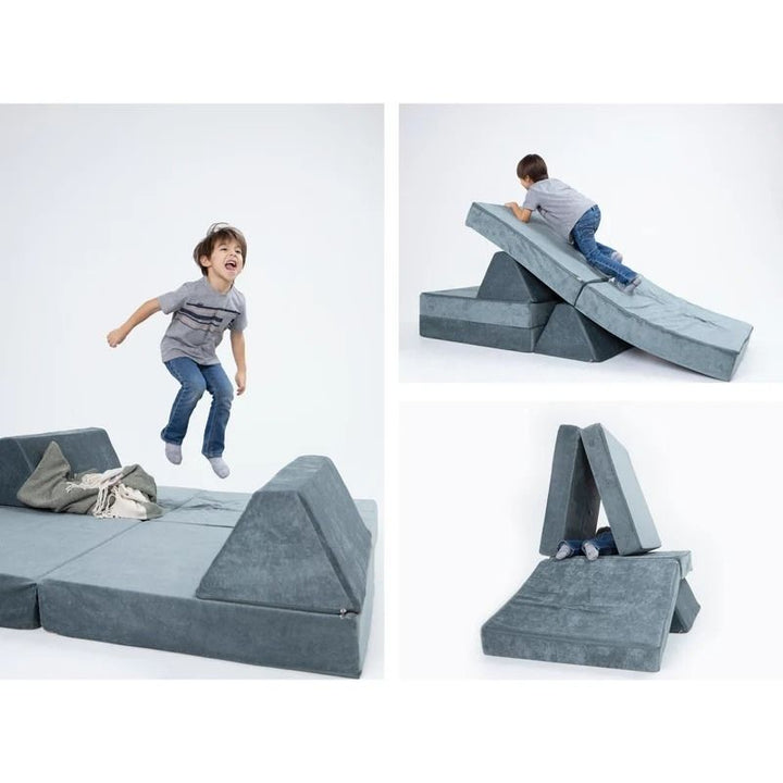 Children building and playing on Go Coconut - The Coconut in River Stone showing multiple modular foam configurations of the 100% Canadian-made Montessori-inspired play couch
