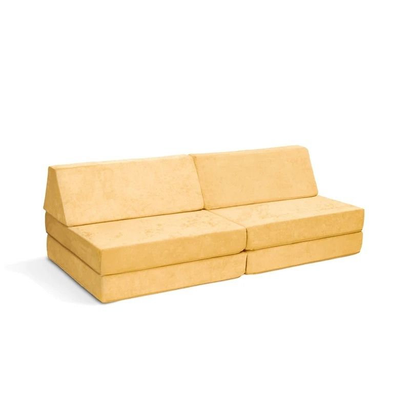Go Coconut - The Coconut play couch in Light Yellow showing the full modular foam layout with Durable Micro Velveteen cover, 100% made in Canada with CertiPUR-US certified foam and lifetime warranty