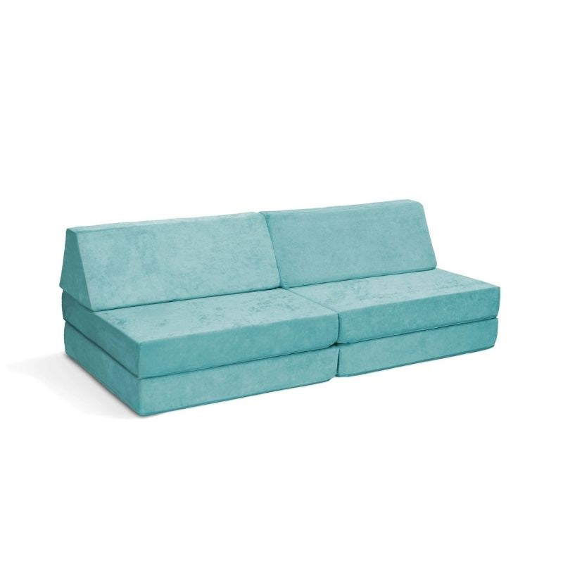 Go Coconut - The Coconut play couch in Sea Berry showing the full 60x30x20in modular foam construction with removable Durable Micro Velveteen cover, 100% made in Canada with CertiPUR foam