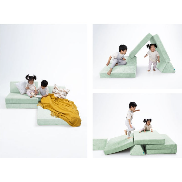 Go Coconut Half Coconut in Cool Cucumber showing three build configurations for gross motor and imaginative sensory play