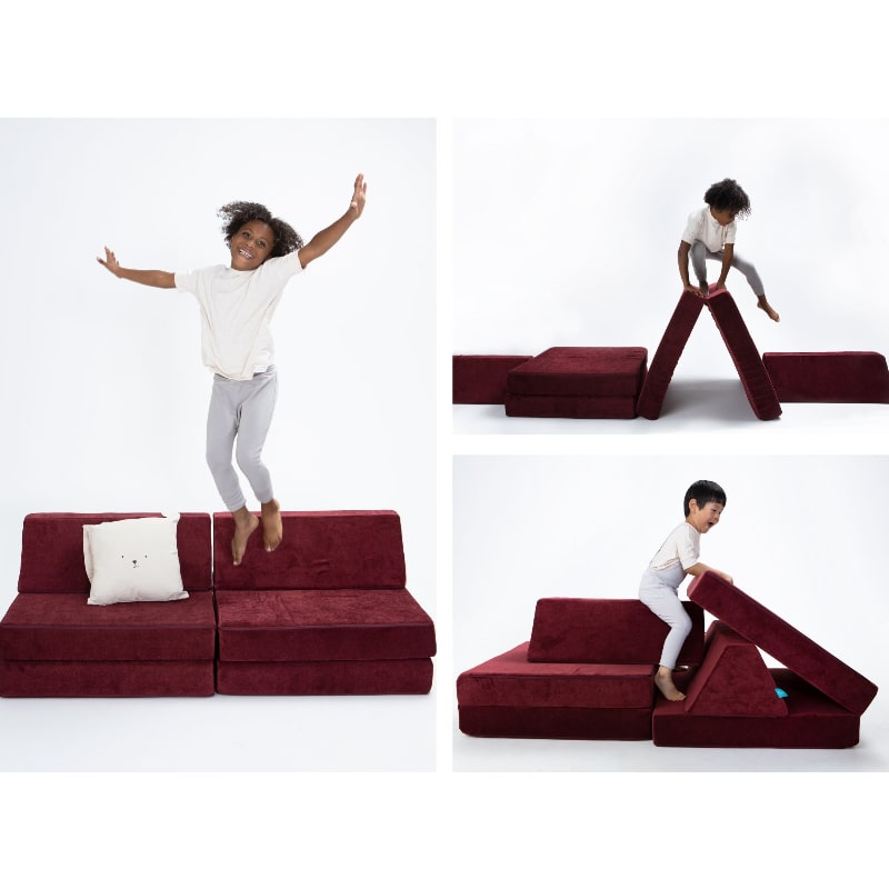 Go Coconut Half Coconut in Cranberry Rain showing three modular configurations for creative, sensory and gross motor play
