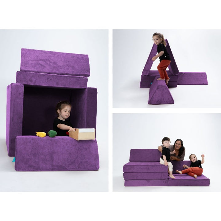 Go Coconut Half Coconut in Groovy Grape showing three modular configurations for gross motor, sensory and creative kids play