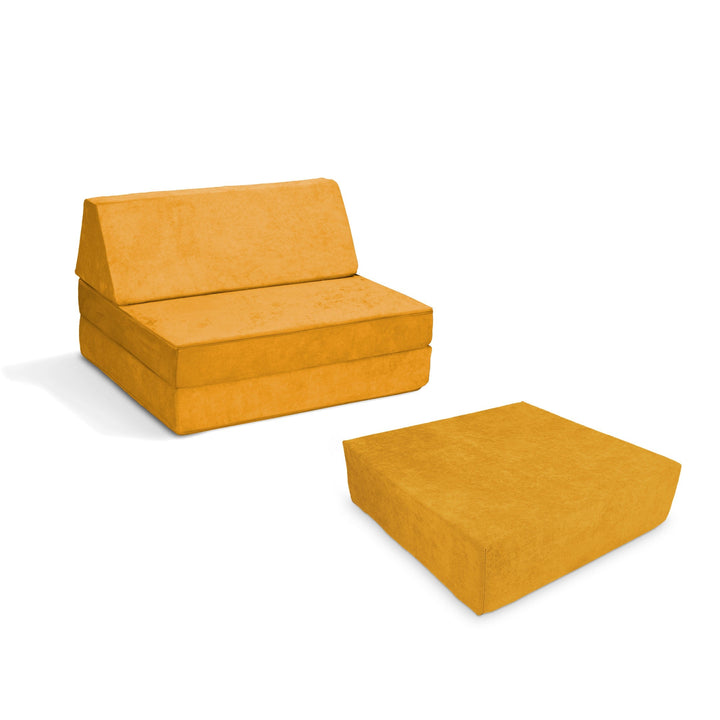 Go Coconut Half-Coconut Maxi Bundle modular kids' play couch and indoor bounce pad in Bumble Bloom, a warm amber-yellow Canadian-made compact foam play set with CertiPUR-certified foam