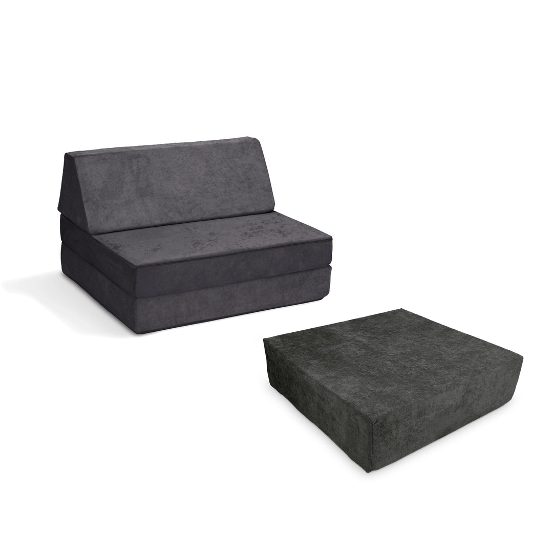 Go Coconut Half-Coconut Maxi Bundle compact modular play couch and Maxi Cocohop Bounce Pad in Charcoal Chill, a deep charcoal Canadian-made kids' indoor play set with CertiPUR-certified foam