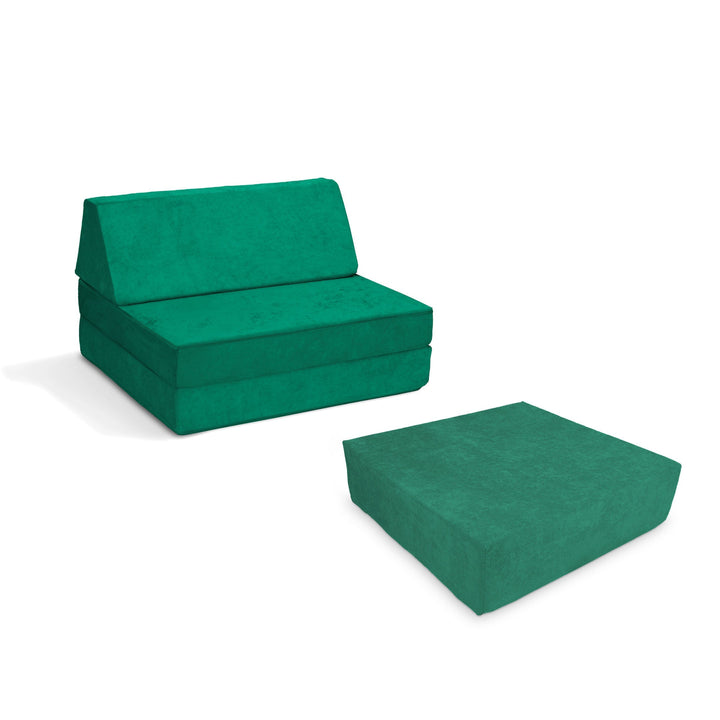 Go Coconut Half-Coconut Maxi Bundle compact modular play couch and Maxi Cocohop Bounce Pad in Forest Fern, a rich green Canadian-made kids' indoor foam play set with CertiPUR-certified foam