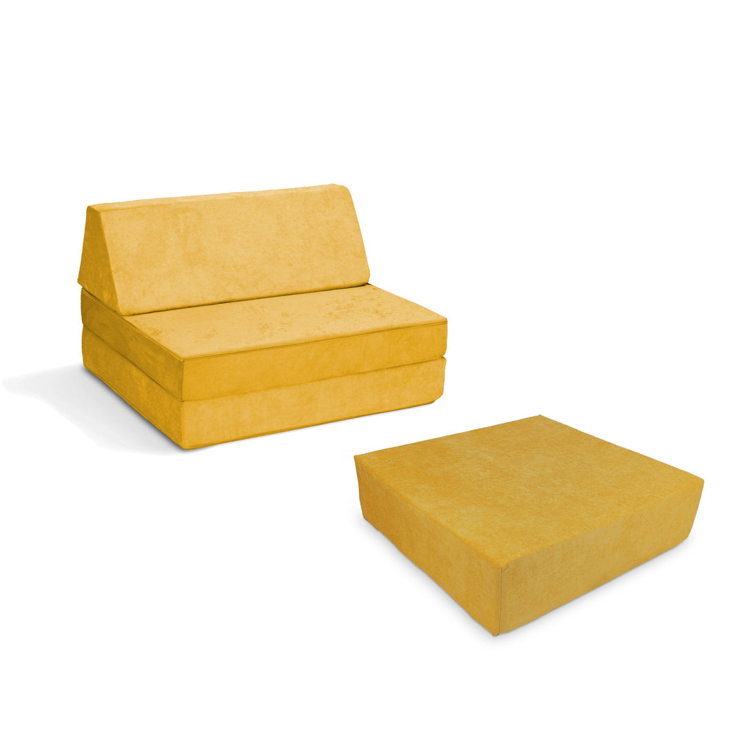 Go Coconut Half-Coconut Maxi Bundle compact modular play couch and Maxi Cocohop Bounce Pad in Honey Hop, a soft golden-yellow Canadian-made kids' indoor foam play set with CertiPUR-certified foam