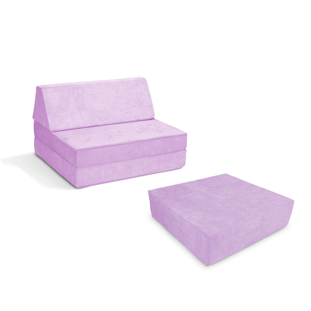 Go Coconut Half-Coconut Maxi Bundle compact modular play couch and Maxi Cocohop Bounce Pad in Lilac Lush, a soft lavender Canadian-made kids' indoor foam play set with CertiPUR-certified foam