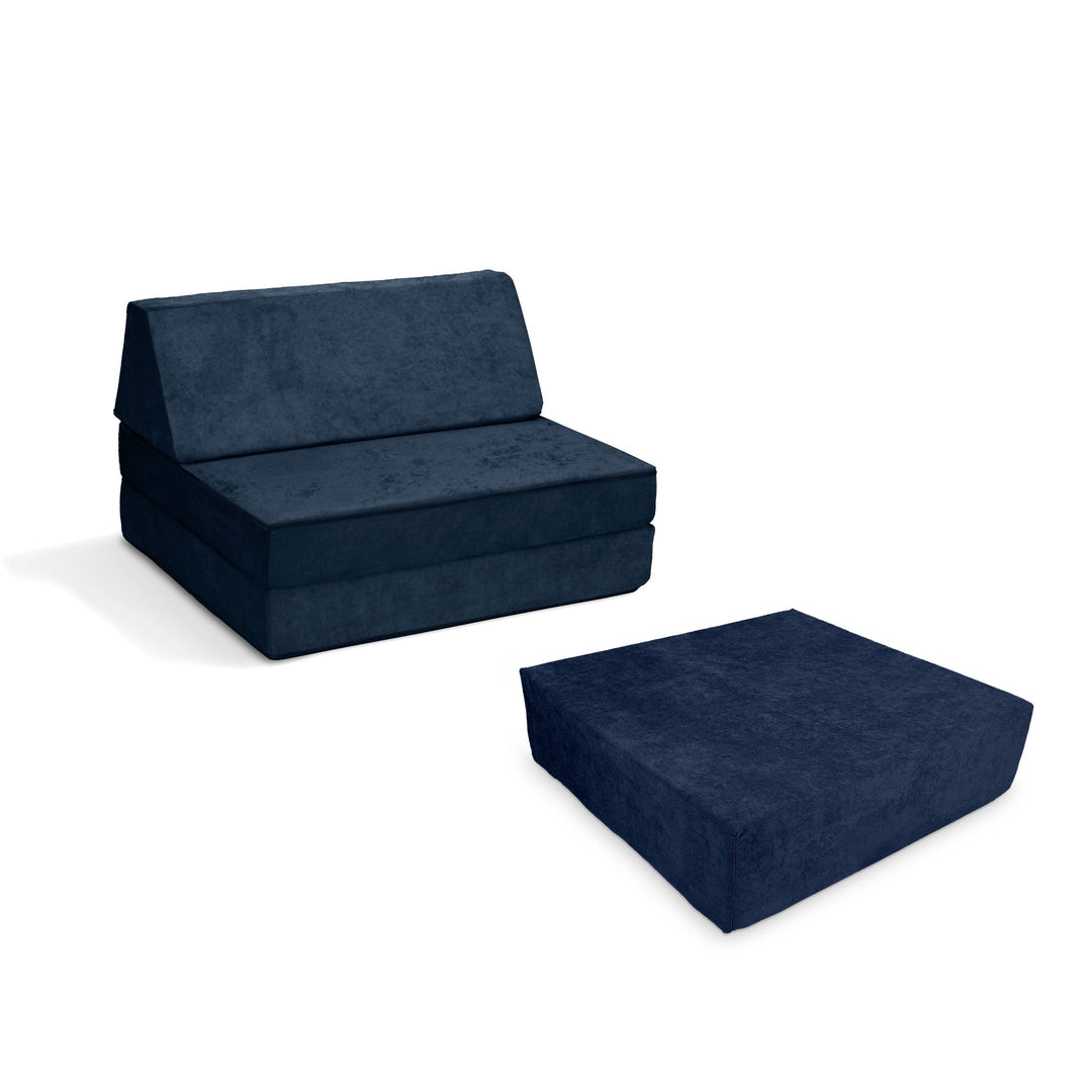 Go Coconut Half-Coconut Maxi Bundle compact modular play couch and Maxi Cocohop Bounce Pad in Midnight Tide, a deep navy Canadian-made kids' indoor foam play set with CertiPUR-certified foam
