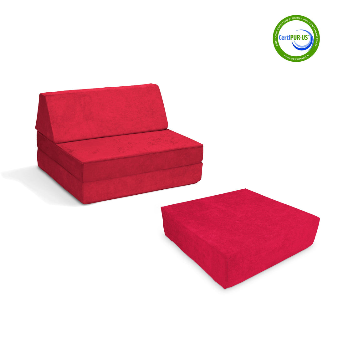 Go Coconut Half-Coconut Maxi Bundle modular kids' play couch and indoor bounce pad in Poppy Pop, a bold red Canadian-made compact foam play set with CertiPUR-certified foam
