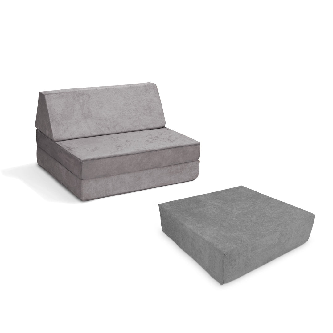 Go Coconut Half-Coconut Maxi Bundle modular kids' play couch and indoor bounce pad in Rhino Tango, a light grey Canadian-made compact foam play set with CertiPUR-certified foam