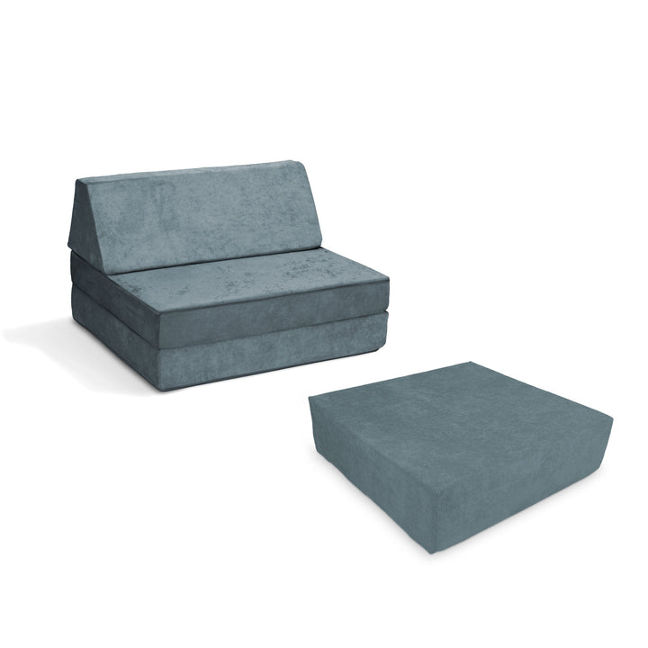 Go Coconut Half-Coconut Maxi Bundle modular play couch and indoor bounce pad in River Stone, a cool blue-grey Canadian-made compact kids' foam play set with CertiPUR-certified foam