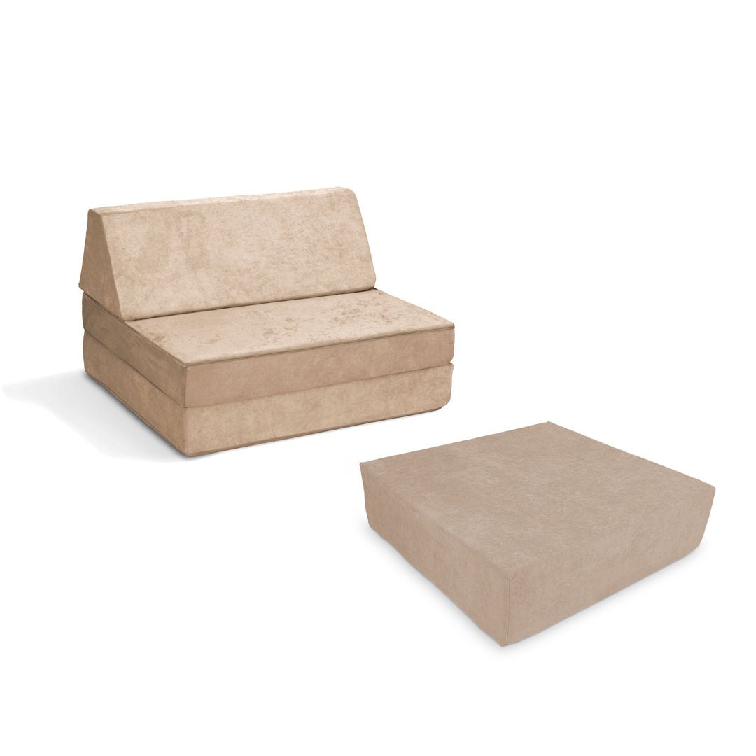 Go Coconut Half-Coconut Maxi Bundle compact modular play couch and Maxi Cocohop Bounce Pad in Sand Dune, a warm neutral beige Canadian-made kids' indoor foam play set with CertiPUR-certified foam